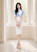 white contrast bow tie pencil dress (0619DR105)