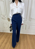 button-up top paired with high-waisted trouser (Q464TB077/Q464PT038)