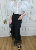ruffled blouse and high-waisted black mermaid skirt(Q464TB079/Q464SK023)
