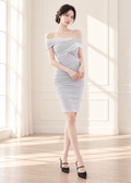 off-shoulder, ruched mini bodycon dress (0411DR344)