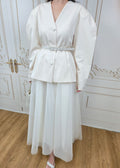 collared jacket with puffed sleeves and chiffon maxi skirt (Q464JK024/Q464SK024)