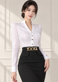 deep V-neckline  long-sleeve blouse (0135TB059)
