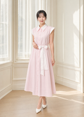 light pink short-sleeved midi shirt dress (0116DR018)