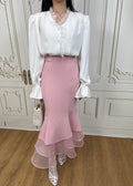 long-sleeved blouse with ruffled lace and mermaid midi skirt (Q464TB086/Q464SK023)
