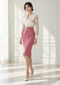 floral lace blouse & high-waisted midi pencil skirt (0135TB057/0135SK036)