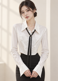 white cropped long-sleeve shirt with black tie (0084TB096)