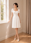 short puff sleeves pleated skirt (0406DR045)