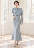 draped-neck blouse & jacquard mermaid-style midi skirt (C544TB011/C544SK015)