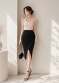 draped neckline halter dress (0409DR067)