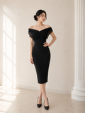 black Off-Shoulder Midi Dress (0408DR031)