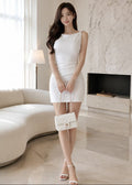boat neckline and side-ruched dress (0619DR104)