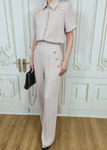 short-sleeve button top outfit pants