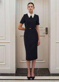 black short-sleeved dress with a white embellished collar (P169DR022)