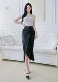 short-sleeved top and a black satin midi skirt (0411TB160/0411SK159)