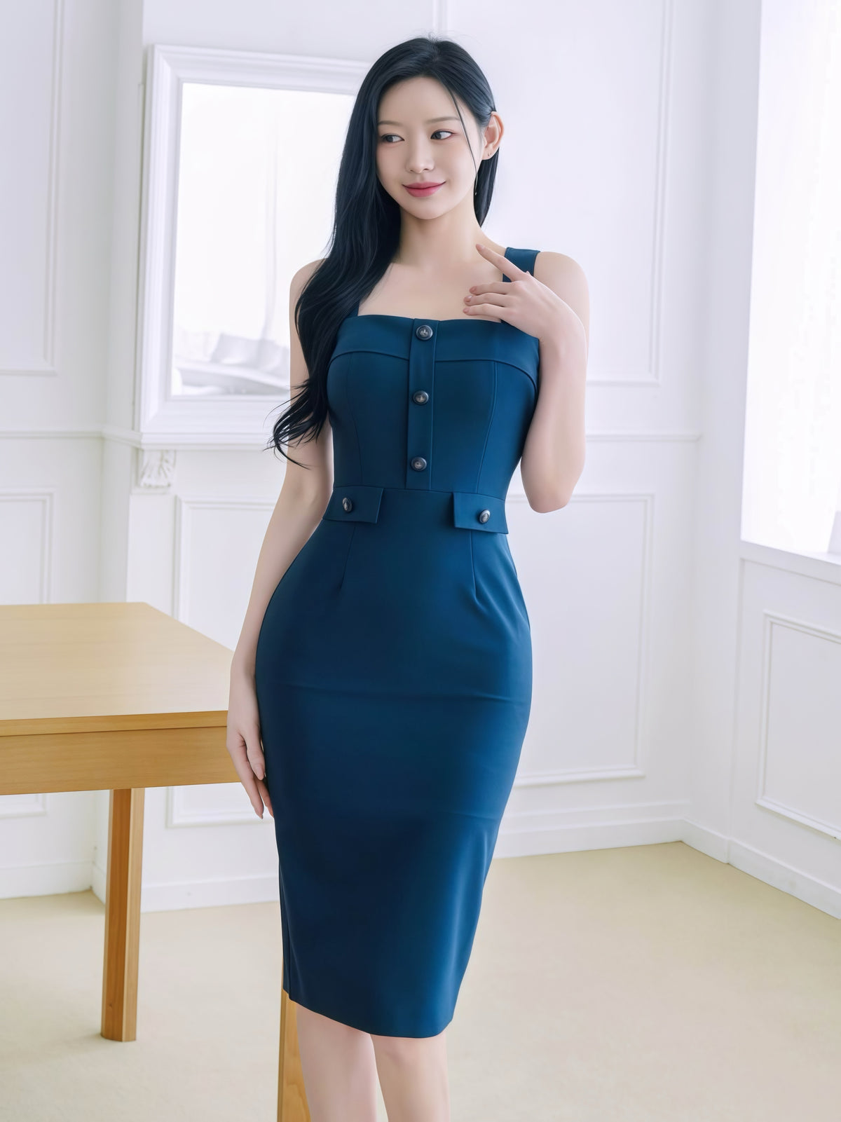 Form-fitting midi dress with button (0405DR127) Slady Singapore Form-fitting midi dress with button (0405DR127) Slady Singapore