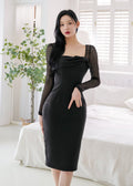mesh-sleeve square neck bodycon dress (0406DR034)