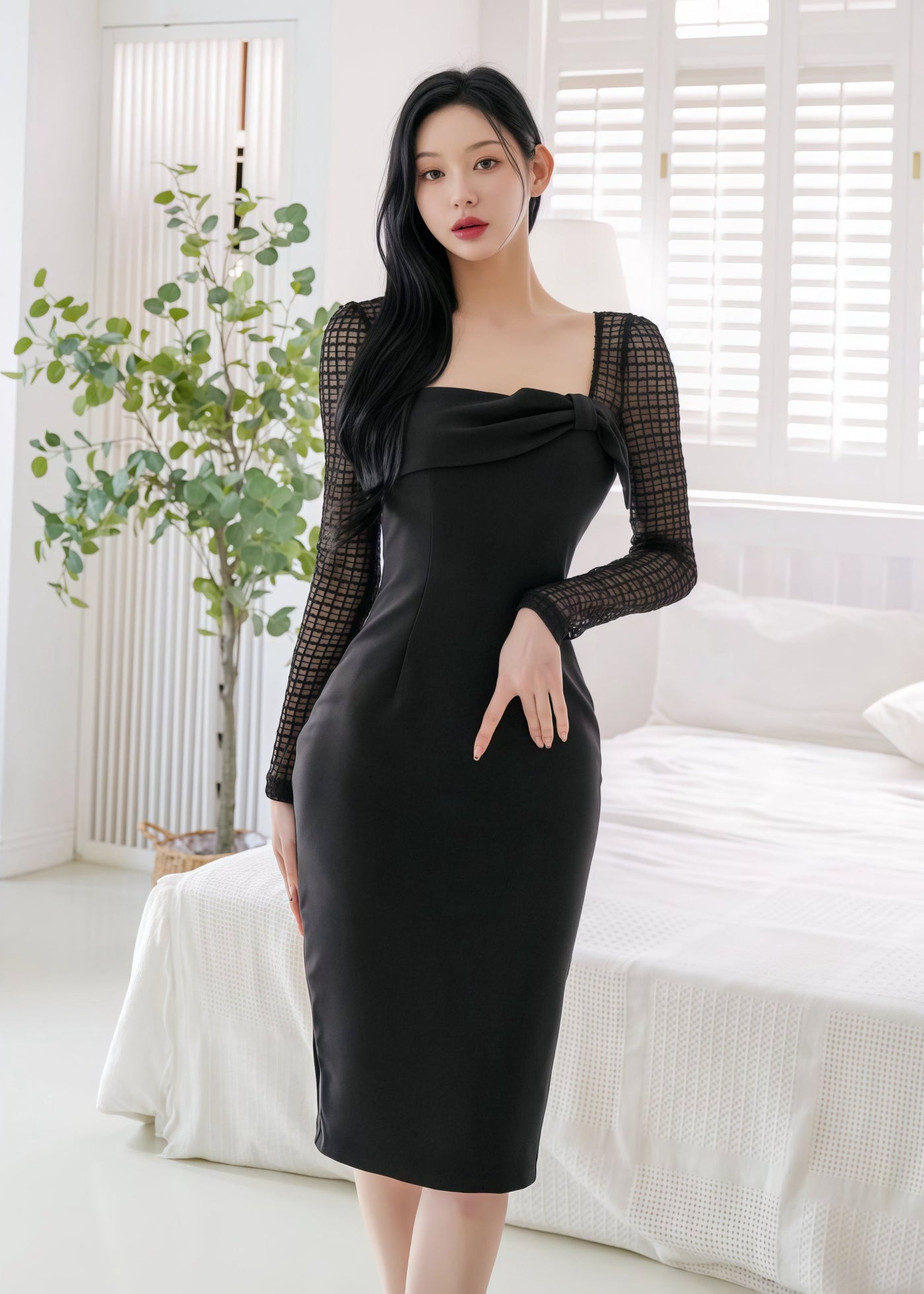 mesh-sleeve square neck bodycon dress (0406DR034) Slady Singapore mesh-sleeve square neck bodycon dress (0406DR034) Slady Singapore