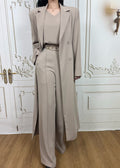 long blazer, a top, and wide-leg trousers pant suits(Q464TB072/Q464PT035/Q464JK018)