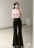 Tops with black high-waisted flare trousers (Q541TB047/Q541PT032)