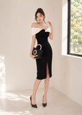 striking contrast white off-shoulder dress (0408DR028)