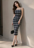 plaid spaghetti-strap midi bodycon dress (0423DR086)