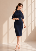 Navy cold shoulder midi dress (0408DR010)