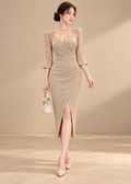 sheer lace panels V-neckline wrap slim cut dress (0409DR072)