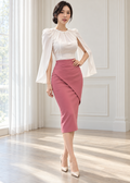 Cape-sleeve top & fitted pink midi skirt (0135TB052/0135SK031)