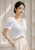 puff-sleeve V-neck crop top (0403TB083)