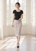 short-sleeve blouse &pink tweed midi skirt (C544TB012/C544SK016)