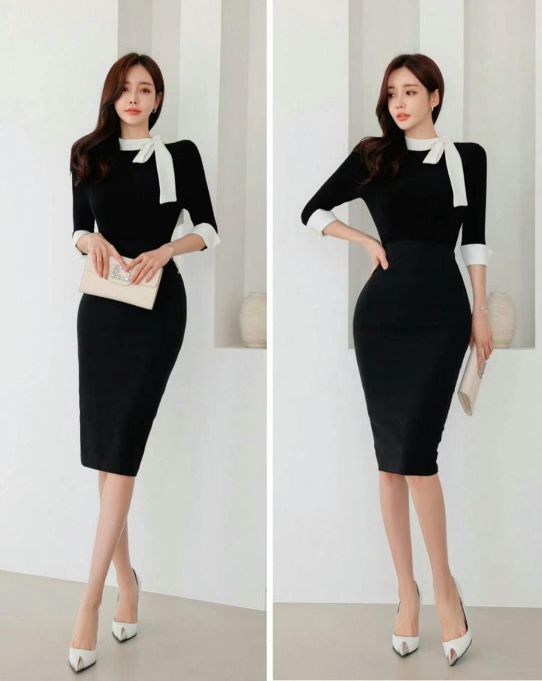 Two-toned Ribbon Tie Neck Midsleeves Dress