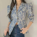 Lace Floral Puffed Square Shoulder Suit Jacket