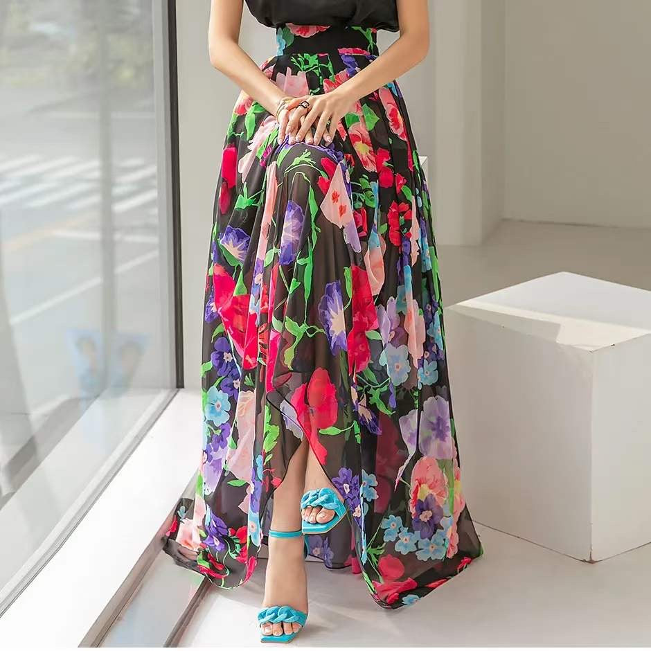 Multicolour Floral Pleated Chiffon Maxi Skirt