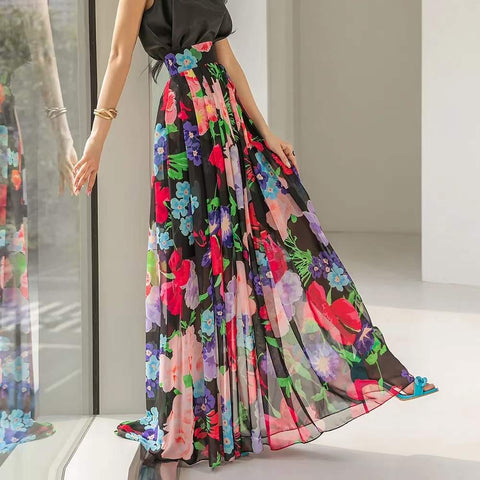 Multicolour Floral Pleated Chiffon Maxi Skirt