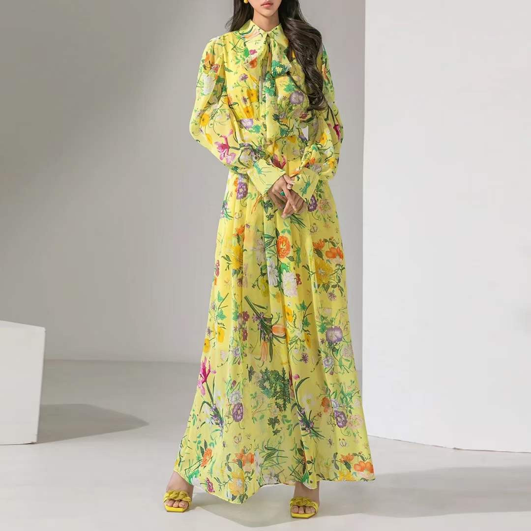 Yellow Multicolor Floral Chiffon Long Sleeves Dress