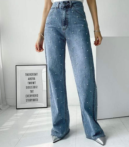 Beaded High Waist Straight Mom Jeans