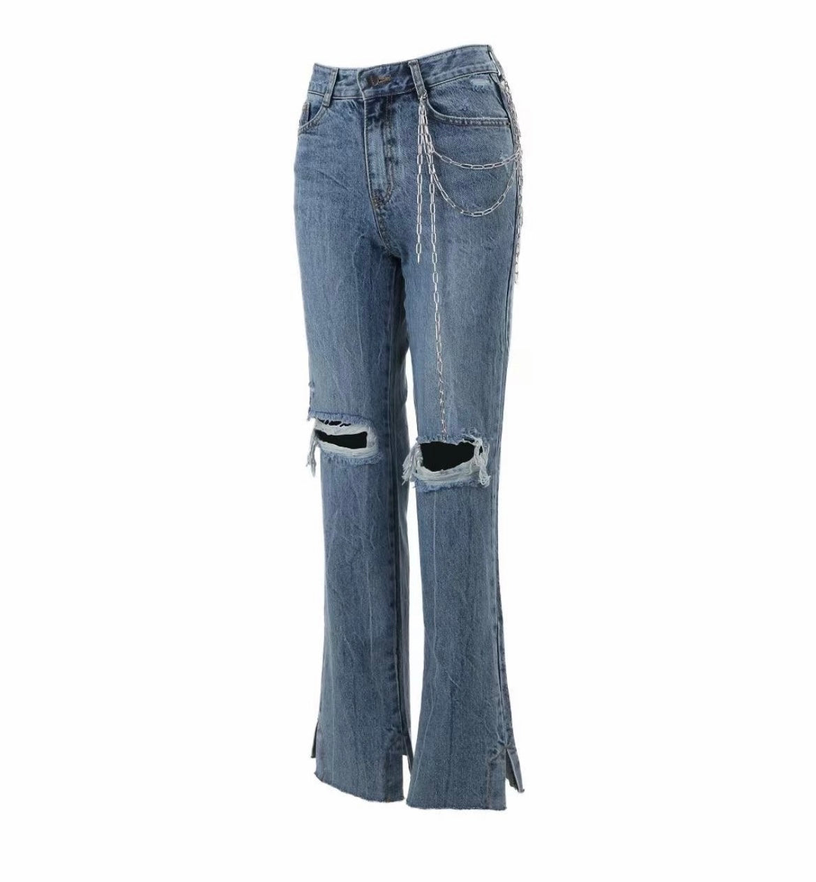 Flared Ripped Silver Chain Long Jeans