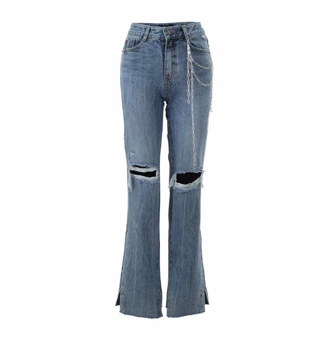 Flared Ripped Silver Chain Long Jeans