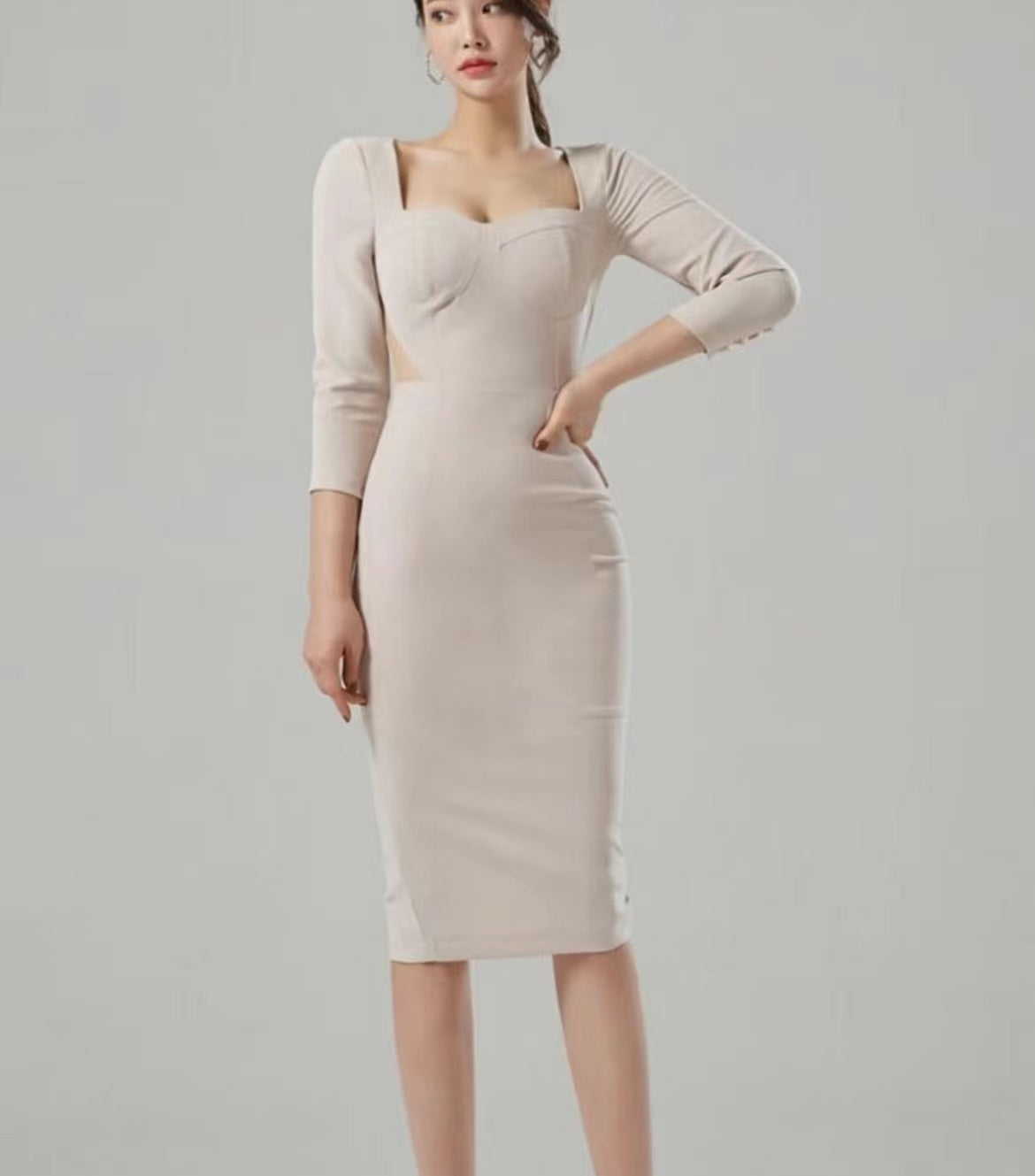 Basic Square Neck Button Sleeves Dress