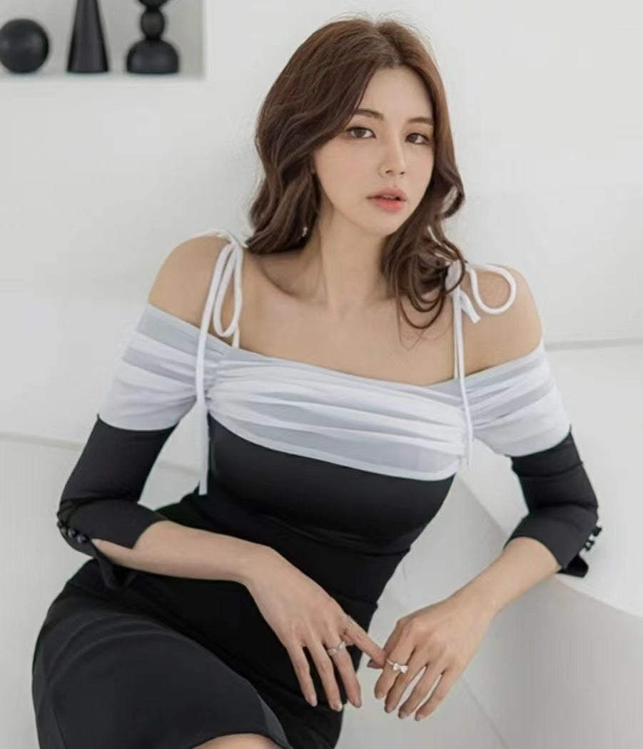 Gathered Chiffon Tied Straps Mid Sleeves Top