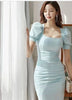 Basic Puff Short Sleeves Square Neck Dress