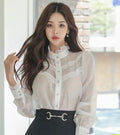 Long Sleeves Chiffon Lace Ruffles Blouse