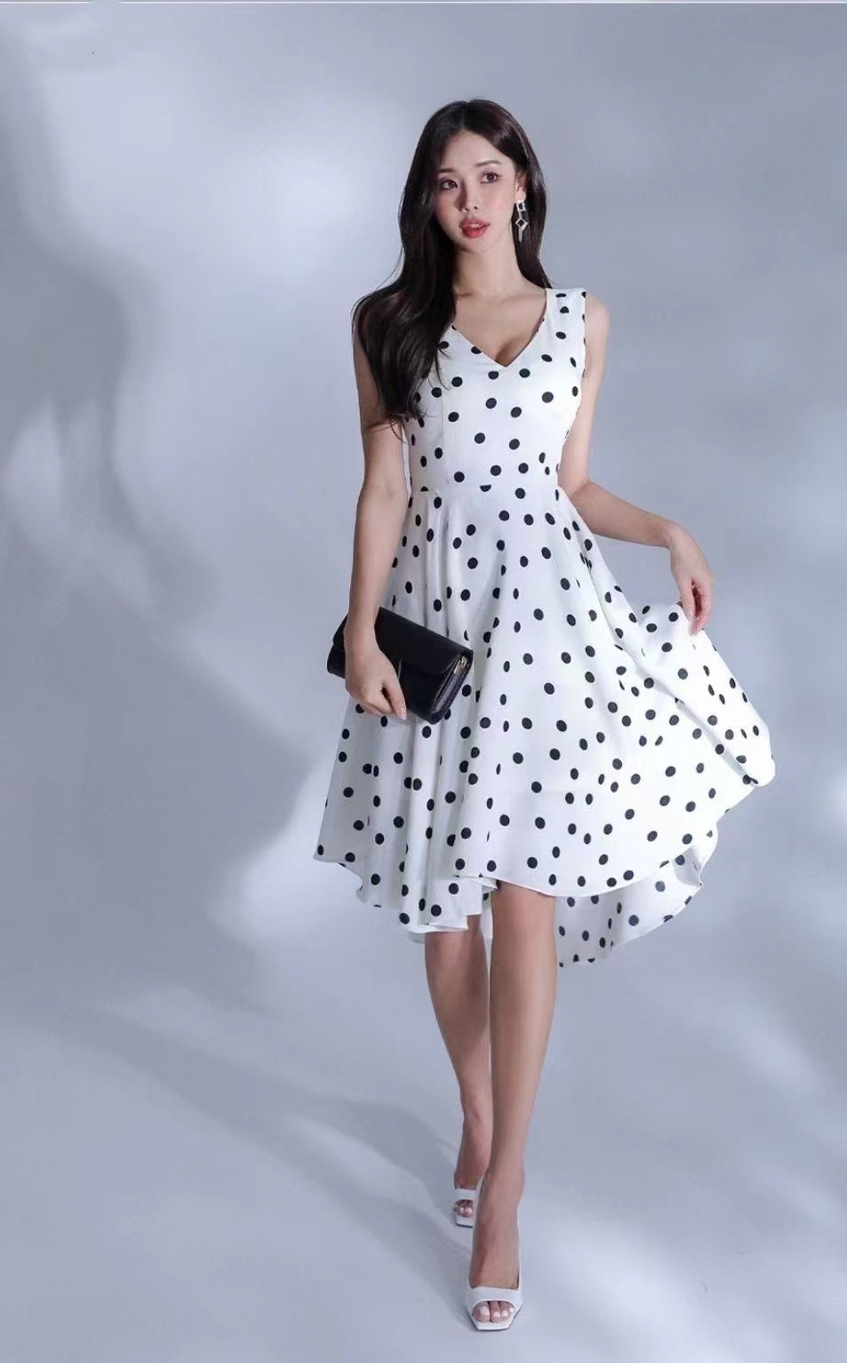 Polka Dot V Neck Assymetric Dress