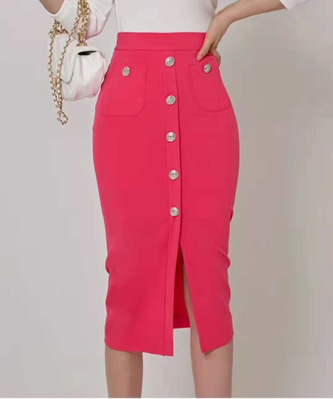 Front Slit Buttons High Waist Skirt