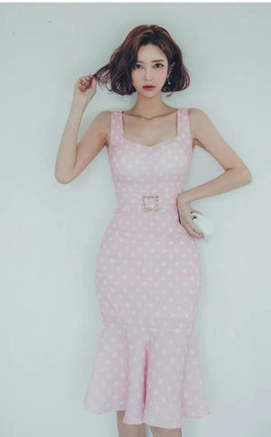 Pink Polka Flutter Skirt Square Belt Dress