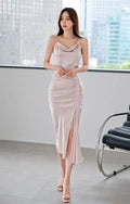 Ruched Slit Long Satin Skirt