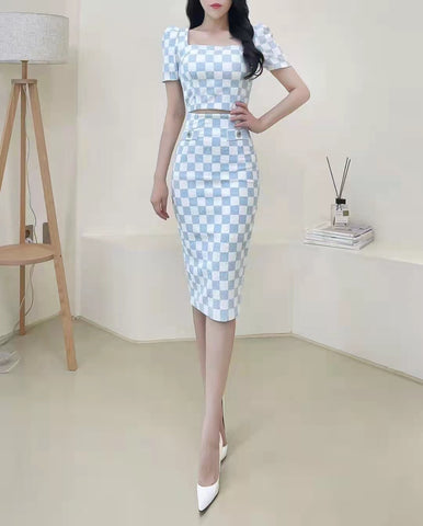 Pastel Checkered High Waist Skirt Set