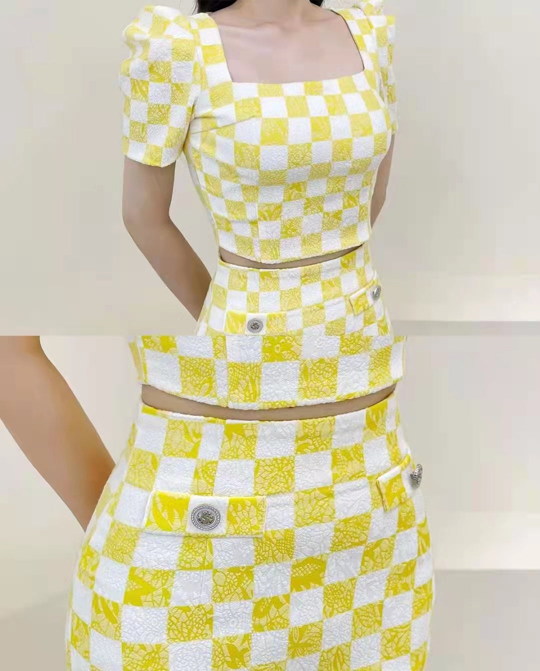 Pastel Checkered High Waist Skirt Set