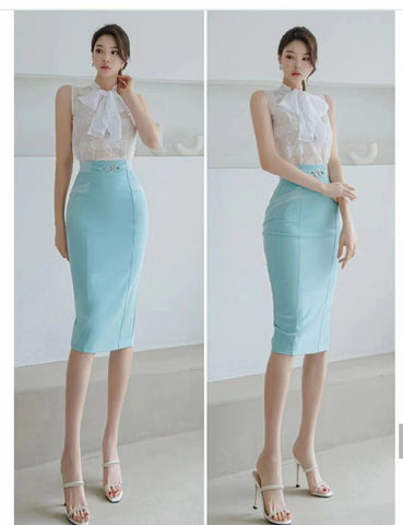 Silven Belt Lace Details Midi Skirt