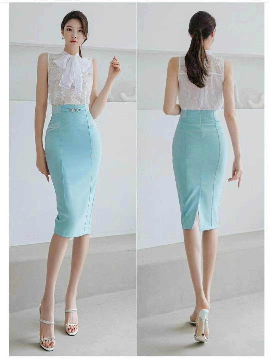 Silven Belt Lace Details Midi Skirt